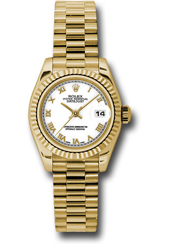 Rolex Yellow Gold Lady-Datejust 26 Watch - Fluted Bezel - White Roman Dial - President Bracelet