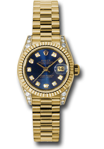 Rolex Yellow Gold Lady-Datejust 26 Watch - Fluted Bezel - Blue Diamond Dial - President Bracelet