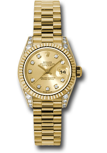 Rolex Yellow Gold Lady-Datejust 26 Watch - Fluted Bezel - Champagne Diamond Dial - President Bracelet