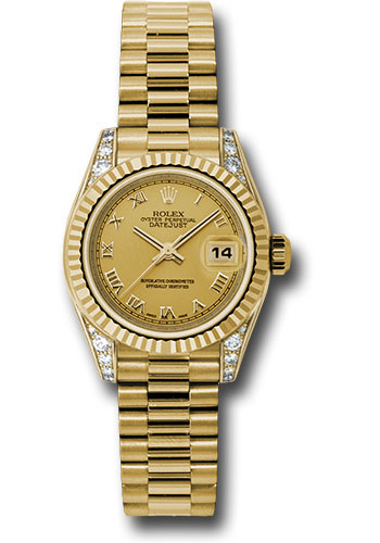 Rolex Yellow Gold Lady-Datejust 26 Watch - Fluted Bezel - Champagne Roman Dial - President Bracelet