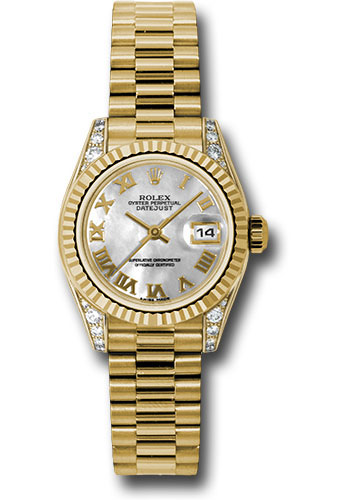 Rolex Yellow Gold Lady-Datejust 26 Watch - Fluted Bezel - Mother-Of-Pearl Roman Dial - President Bracelet
