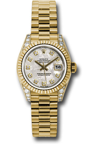 Rolex Yellow Gold Lady-Datejust 26 Watch - Fluted Bezel - Meteorite Diamond Dial - President Bracelet