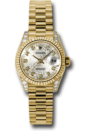 Rolex Yellow Gold Lady-Datejust 26 Watch - Fluted Bezel - Silver Jubilee Diamond Dial - President Bracelet