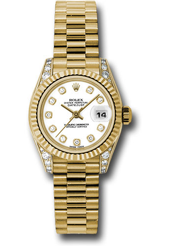 Rolex Yellow Gold Lady-Datejust 26 Watch - Fluted Bezel - White Diamond Dial - President Bracelet