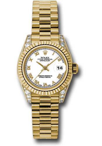 Rolex Yellow Gold Lady-Datejust 26 Watch - Fluted Bezel - White Roman Dial - President Bracelet