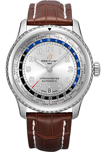 Breitling Aviator 8 B35 Automatic Unitime 43 Watch - Stainless Steel - Silver Dial - Brown Alligator Leather Strap - Folding Buckle