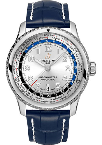 Breitling Aviator 8 B35 Automatic Unitime 43 Watch - Stainless Steel - Silver Dial - Blue Alligator Leather Strap - Folding Buckle
