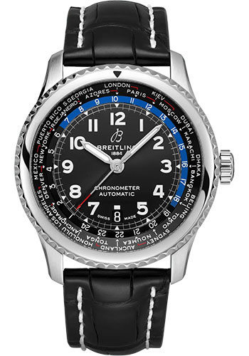 Breitling Aviator 8 B35 Automatic Unitime 43 Watch - Stainless Steel - Black Dial - Black Alligator Leather Strap - Folding Buckle