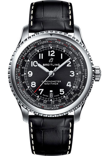 Breitling Aviator 8 B35 Automatic Unitime 43 Watch - Steel Case - Black Dial - Black Croco Strap
