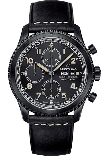 Breitling Aviator 8 Chronograph 43 Watch - Black Steel Case - Black Dial - Black Leather Strap