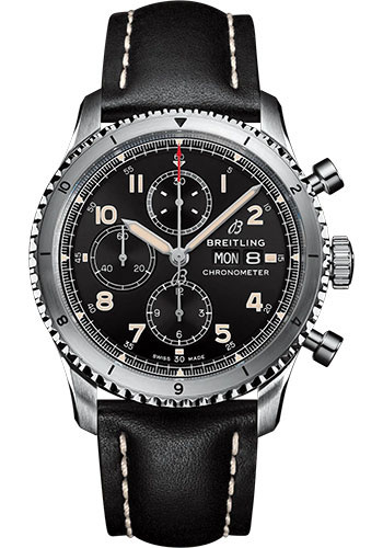 Breitling Aviator 8 Chronograph 43 Watch - Stainless Steel - Black Dial - Black Calfskin Leather Strap - Folding Buckle