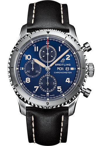 Breitling Aviator 8 Chronograph 43 Watch - Stainless Steel - Blue Dial - Black Calfskin Leather Strap - Folding Buckle