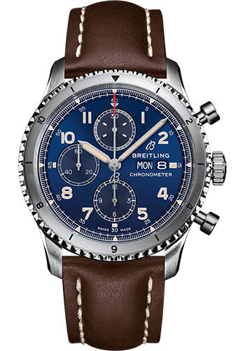 Breitling Aviator 8 Chronograph 43 Watch - Stainless Steel - Blue Dial - Brown Calfskin Leather Strap - Folding Buckle