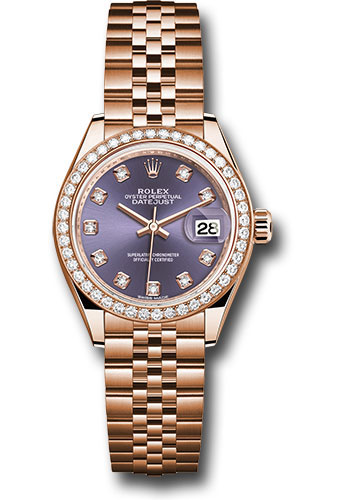 Rolex Everose Gold Lady-Datejust 28 Watch - 44 Diamond Bezel - Aubergine Diamond Dial - Jubilee Bracelet