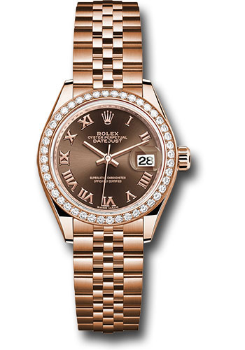 Rolex Everose Gold Lady-Datejust 28 Watch - 44 Diamond Bezel - Chocolate Roman Dial - Jubilee Bracelet