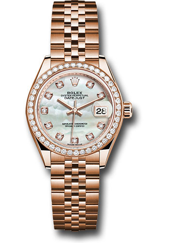 Rolex Everose Gold Lady-Datejust 28 Watch - 44 Diamond Bezel - Mother-of-Pearl Diamond Dial - Jubilee Bracelet