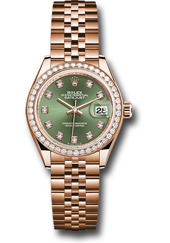 Rolex Everose Gold Lady-Datejust Watch - Diamond Bezel - Olive Green Diamond 6 Dial - Jubilee Bracelet