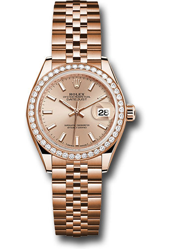 Rolex Everose Gold Lady-Datejust 28 Watch - 44 Diamond Bezel - Pink Sundust Index Dial - Jubilee Bracelet