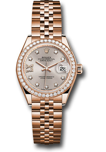 Rolex Everose Gold Lady-Datejust 28 Watch - 44 Diamond Bezel - Silver Sundust Diamond Star Dial - Jubilee Bracelet