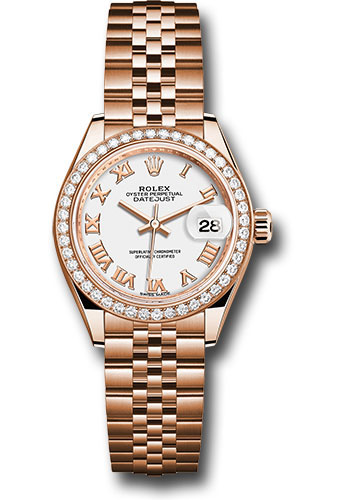 Rolex Everose Gold Lady-Datejust 28 Watch - 44 Diamond Bezel - White Roman Dial - Jubilee Bracelet