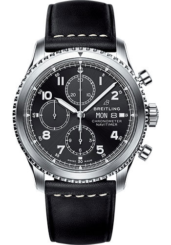 Breitling Aviator 8 Chronograph 43 Watch - Steel Case - Black Dial - Black Leather Strap