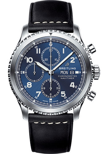 Breitling Aviator 8 Chronograph 43 Watch - Steel Case - Blue Dial - Black Leather Strap