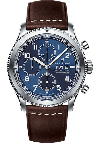 Breitling Aviator 8 Chronograph 43 Watch - Steel Case - Blue Dial - Brown Leather Strap
