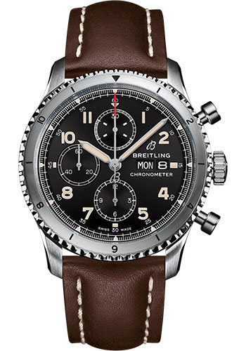 Breitling Aviator 8 Chronograph 43 Watch - Stainless Steel - Black Dial - Brown Calfskin Leather Strap - Tang Buckle