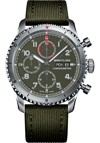 Breitling Aviator 8 Chronograph 43 Curtiss Warhawk Watch - Steel - Green Dial - Khaki Green Military Strap - Tang Buckle