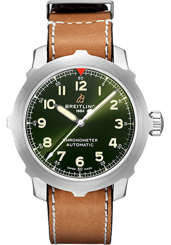 Breitling Aviator SUPER 8 B20 Automatic 46 Watch - Titanium - Green Dial - Gold Leather Strap - Tang Buckle