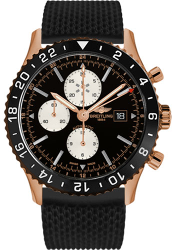 reitling Chronoliner Watch - 46mm Red Gold Case - Black Dial - Black Aero Classic Rubber Strap