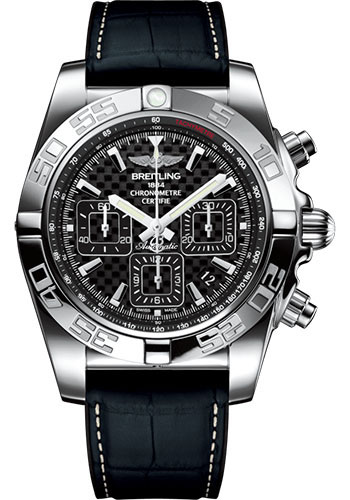 Breitling Chronomat 44 Watch - Steel polished - Carbon Dial - Grey And Black Crocodile Rubber Strap - Folding Buckle