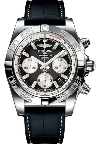 Breitling Chronomat 44 Watch - Steel polished - Onyx Black Dial - Gray Croco Strap - Folding Buckle