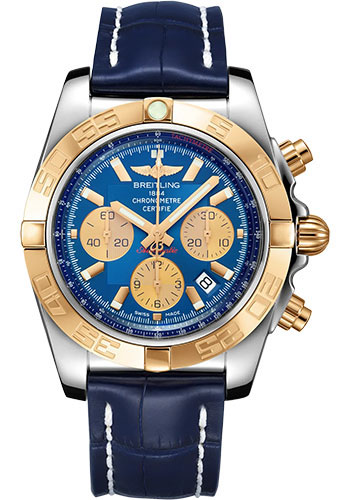 Breitling Chronomat 44 Watch - Steel and 18K Rose Gold - Blue Dial - Blue Alligator Leather Strap - Folding Buckle