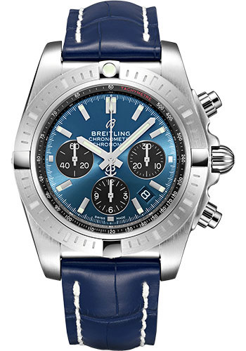 Breitling Chronomat B01 Chronograph 44 Watch - Steel - Blackeye Blue Dial - Blue Croco Strap - Folding Buckle