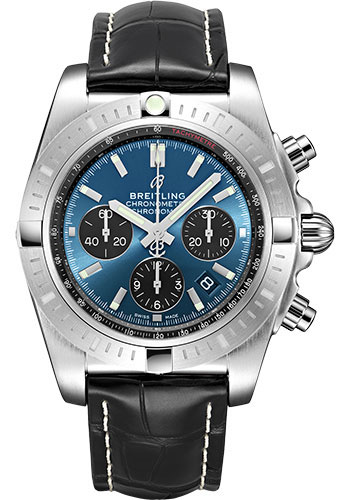 Breitling Chronomat B01 Chronograph 44 Watch - Steel - Blackeye Blue Dial - Black Croco Strap - Folding Buckle