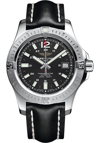 Breitling Colt 41 Automatic Watch - Steel - Volcano Black Dial - Black Leather Strap - Tang Buckle