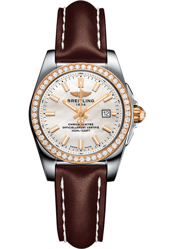 Breitling Galactic 29 Sleek Watch - Steel & rose Gold, gem-set bezel - Mother-Of-Pearl Dial - Brown Leather Strap - Tang Buckle
