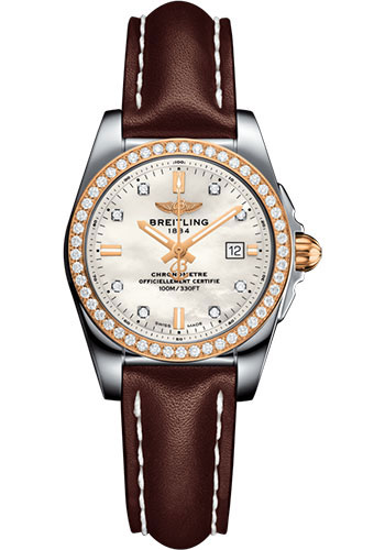 Breitling Galactic 29 Sleek Watch - Steel & rose Gold, gem-set bezel - Pearl Diamond Dial - Brown Leather Strap - Tang Buckle