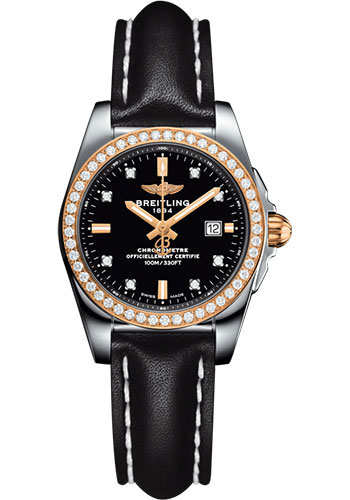 Breitling Galactic 29 Sleek Watch - Steel & rose Gold, gem-set bezel - Trophy Black Diamond Dial - Black Leather Strap - Tang Buckle