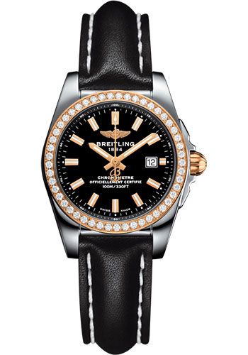 Breitling Galactic 29 Sleek Watch - Steel & rose Gold, gem-set bezel - Trophy Black Dial - Black Leather Strap - Tang Buckle