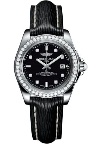 Breitling Galactic 32 Sleek Watch - Stainless Steel - Black Dial - Black Calfskin Leather Strap - Tang Buckle