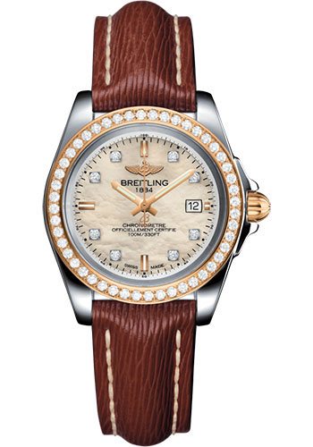 Breitling Galactic 32 Sleek Watch - Steel & rose Gold, gem-set bezel - Mother-Of-Pearl Diamond Dial - Brown Sahara Strap - Tang Buckle