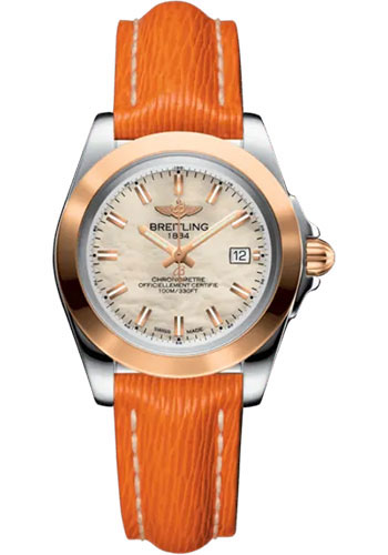 Breitling Galactic 32 Sleek Watch - Steel and 18K Rose Gold - Mother-Of-Pearl Dial - Orange Calfskin Leather Strap - Tang Buckle