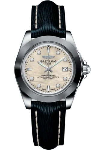 Breitling Galactic 32 Sleek Watch - Steel and Tungsten - Mother-Of-Pearl Dial - Blue Calfskin Leather Strap - Tang Buckle