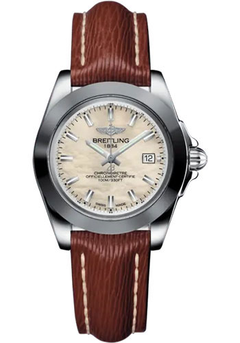 Breitling Galactic 32 Sleek Watch - Steel and Tungsten - Mother-Of-Pearl Dial - Brown Calfskin Leather Strap - Tang Buckle