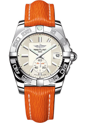 Breitling Galactic 36 Automatic Watch - Stainless Steel - Silver Dial - Orange Calfskin Leather Strap - Tang Buckle