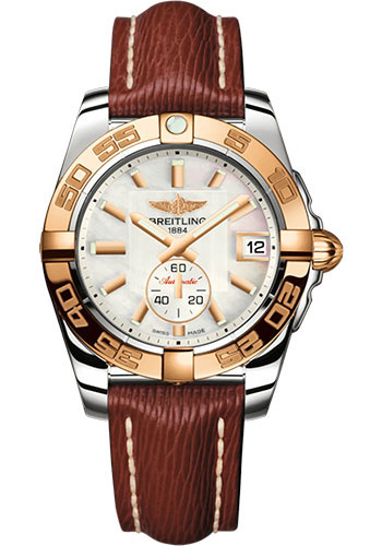 Breitling Galactic 36 Automatic Watch - Steel and 18K Rose Gold - Mother-Of-Pearl Dial - Brown Calfskin Leather Strap - Tang Buckle