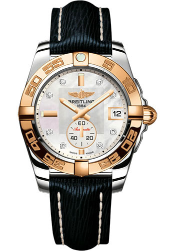 Breitling Galactic 36 Automatic Watch - Steel and 18K Rose Gold - Mother-Of-Pearl Dial - Blue Calfskin Leather Strap - Tang Buckle