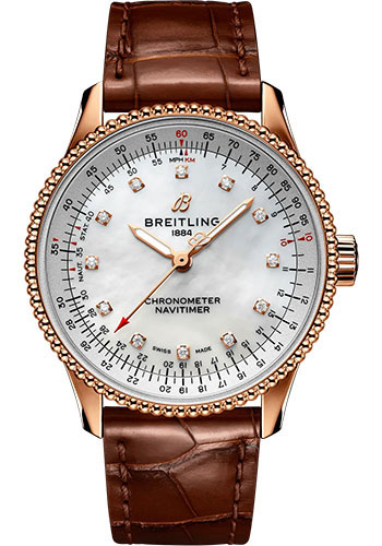 Breitling Navitimer Automatic 35 Watch - 18K Red Gold - Mother-Of-Pearl Dial - Brown Alligator Leather Strap - Folding Buckle
